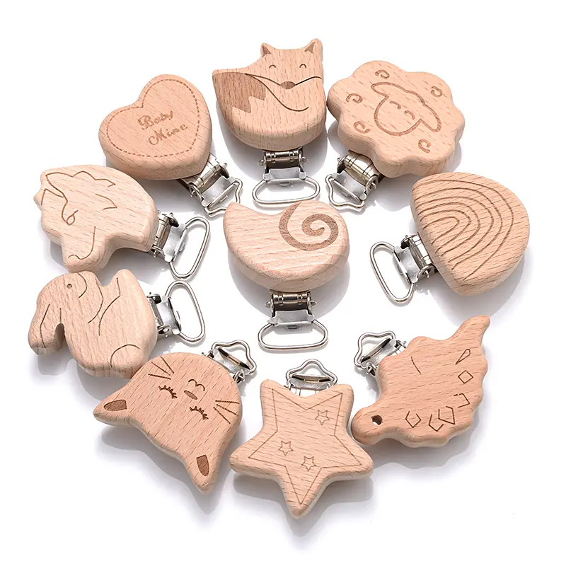 5Pcs/Lot Food Grade Beech Wooden Pacifier Clip Heart Animal Rainbow Pattern Dummy Holder Clip for DIY Teething Pacifier Chain