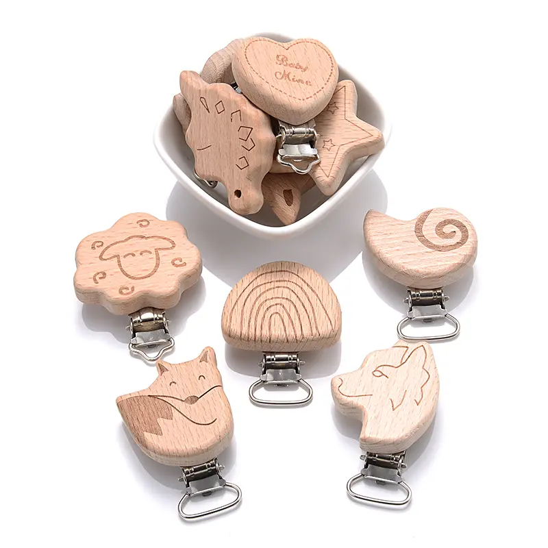5Pcs/Lot Food Grade Beech Wooden Pacifier Clip Heart Animal Rainbow Pattern Dummy Holder Clip for DIY Teething Pacifier Chain