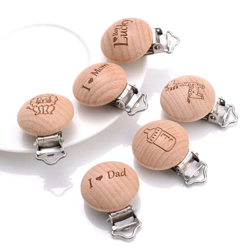 5Pcs 30mm Beech Pacifier Clip Wooden Animal Letter Pattern Pacifier Metal Clips Holder Pacifier Wooden Baby Teether Accessories