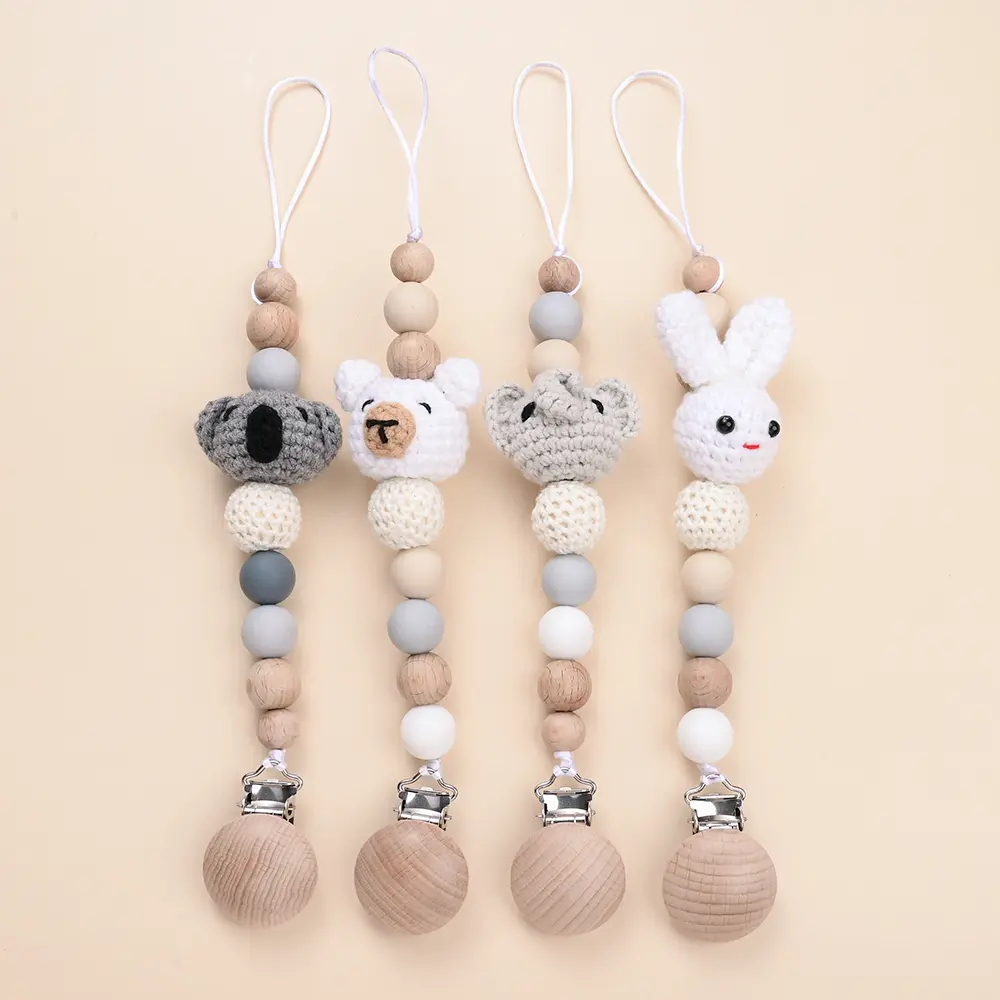 Baby Anti Drip Silicone Bead Chain Care Handmade Wood Teether Nipple Chain  Teether Chain  Clip Teething Chew Toys