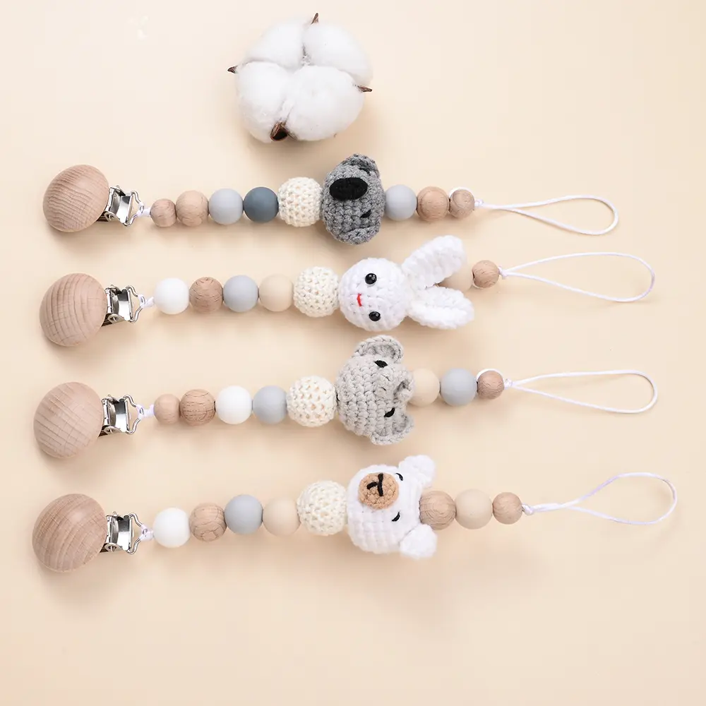 Baby Anti Drip Silicone Bead Chain Care Handmade Wood Teether Nipple Chain  Teether Chain  Clip Teething Chew Toys