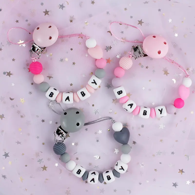Baby Nipples Clips Silicone Teething Beads Baby Birthday Shower Gift Baby Pacifier Clip Chain Personalized Name Dummy Holder