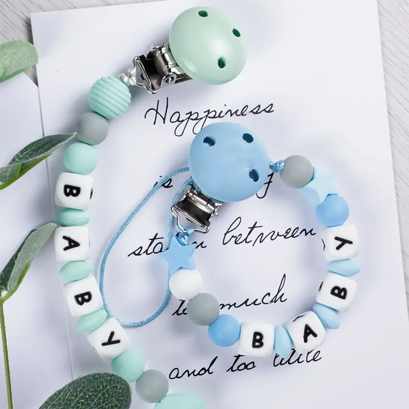 Baby Nipples Clips Silicone Teething Beads Baby Birthday Shower Gift Baby Pacifier Clip Chain Personalized Name Dummy Holder