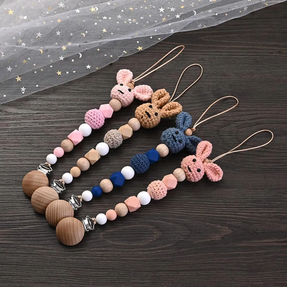 Nursing Chew Toy Baby Dummy Holder Chain BPA Free New Baby Wooden Pacifier Clip Wood Crochet Rabbit Teething Soother Chain