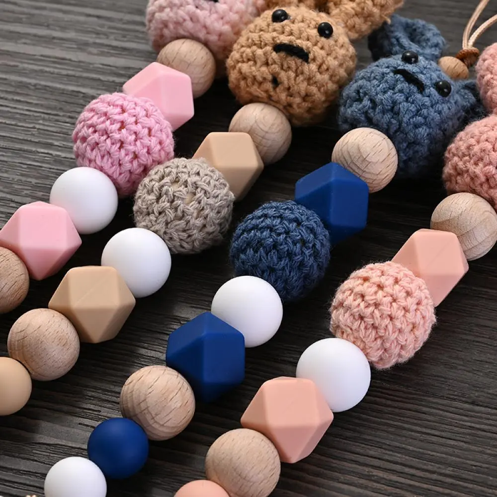 Nursing Chew Toy Baby Dummy Holder Chain BPA Free New Baby Wooden Pacifier Clip Wood Crochet Rabbit Teething Soother Chain
