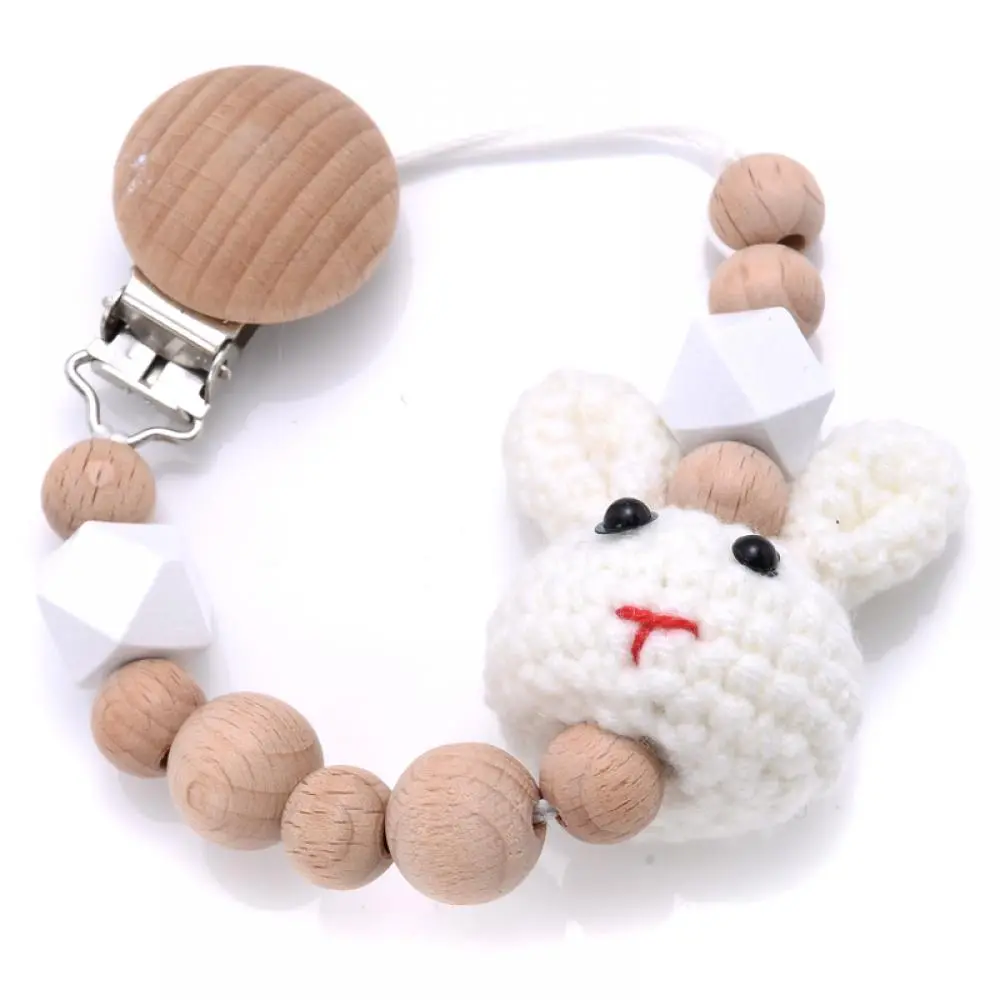 Nursing Chew Toy Baby Dummy Holder Chain BPA Free New Baby Wooden Pacifier Clip Wood Crochet Rabbit Teething Soother Chain