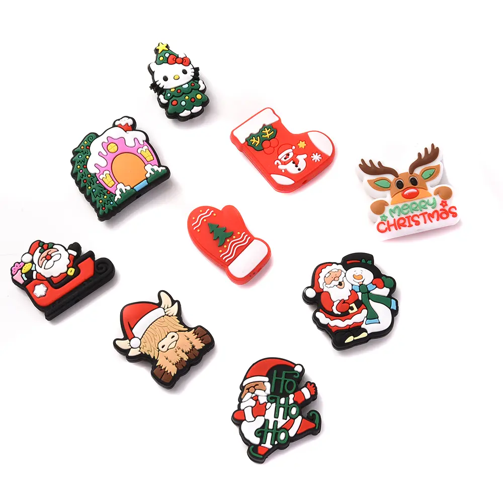 10Pcs Baby Christmas Teether Silicone Beads Deer Santa Claus Teething Food Grade for Diy Pacifier Chain Bracelet Toy Accessory