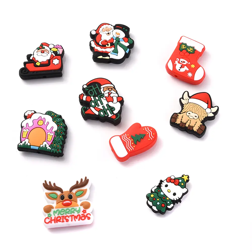 10Pcs Baby Christmas Teether Silicone Beads Deer Santa Claus Teething Food Grade for Diy Pacifier Chain Bracelet Toy Accessory