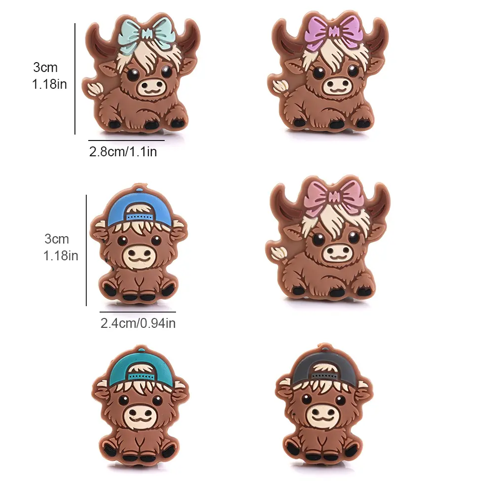 10Pcs 28x30mm Creative With Hair Hat Bull, Cow Food Grade Silicone Beads For DIY Eco-Friendly Pacifier Clips Chain Beacelet