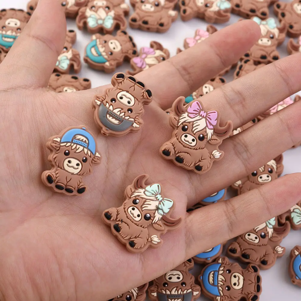 10Pcs 28x30mm Creative With Hair Hat Bull, Cow Food Grade Silicone Beads For DIY Eco-Friendly Pacifier Clips Chain Beacelet