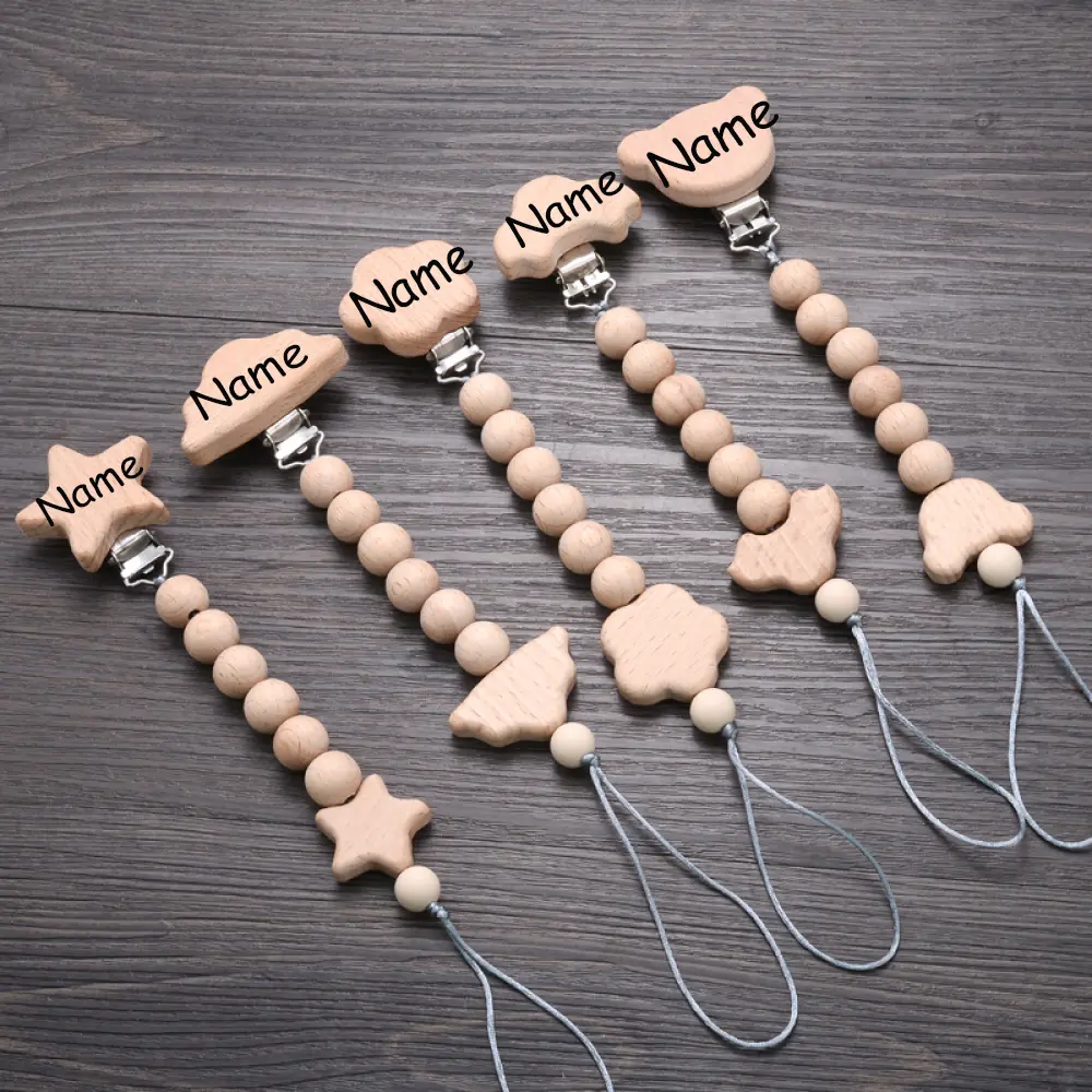 Personalised Name Baby Pacifier Clips  Wood Beads Nipple Holder Chain Baby Feeding Pacifiers Clip Teething Toys Anti-drop Chains