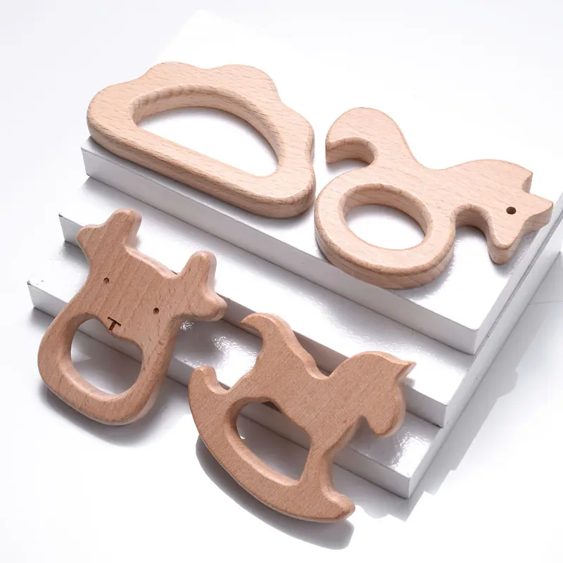 5Pcs/Lot Food Grade Wooden Teether Toys Animal Shape Wood Necklace Pendant for Baby DIY Wooden Teething Chew Toys