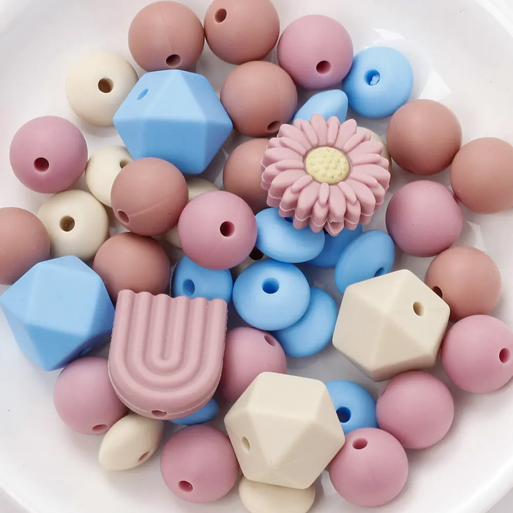 60Pcs Silicone Beads Set Flower Octagonal Round Teething Beads For DIY Handmade Baby Necklace Bracelet Pacifier Chain Accessorie