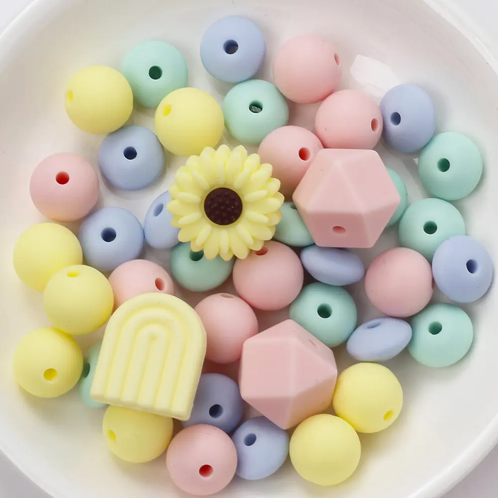 60Pcs Silicone Beads Set Flower Octagonal Round Teething Beads For DIY Handmade Baby Necklace Bracelet Pacifier Chain Accessorie