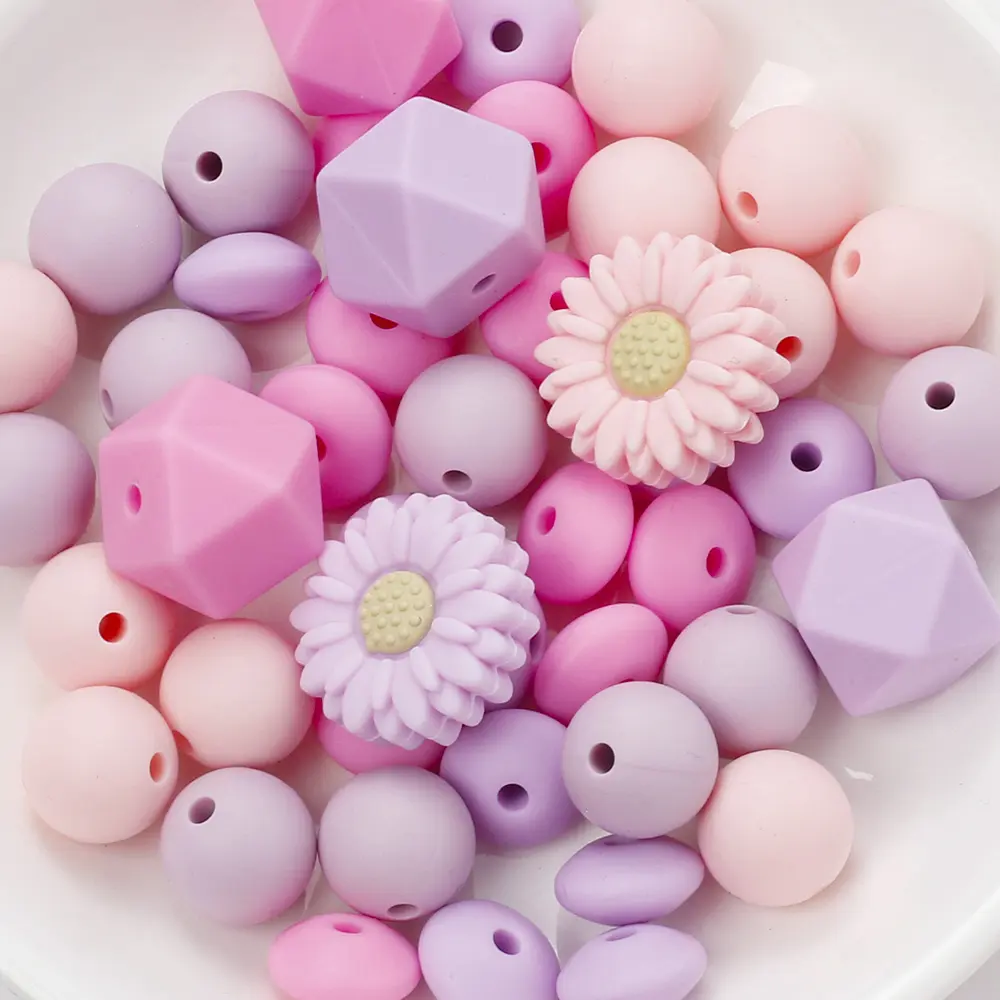 60Pcs Silicone Beads Set Flower Octagonal Round Teething Beads For DIY Handmade Baby Necklace Bracelet Pacifier Chain Accessorie