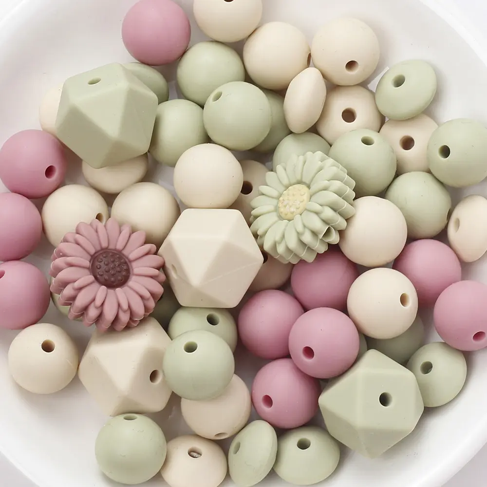 60Pcs Silicone Beads Set Flower Octagonal Round Teething Beads For DIY Handmade Baby Necklace Bracelet Pacifier Chain Accessorie