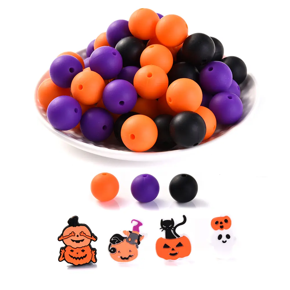 40Pcs Halloween Baby Silicone Beads Round Teether Teething Ball Beads Set Food Grade for Necklace Pacifier Chain Toys Material