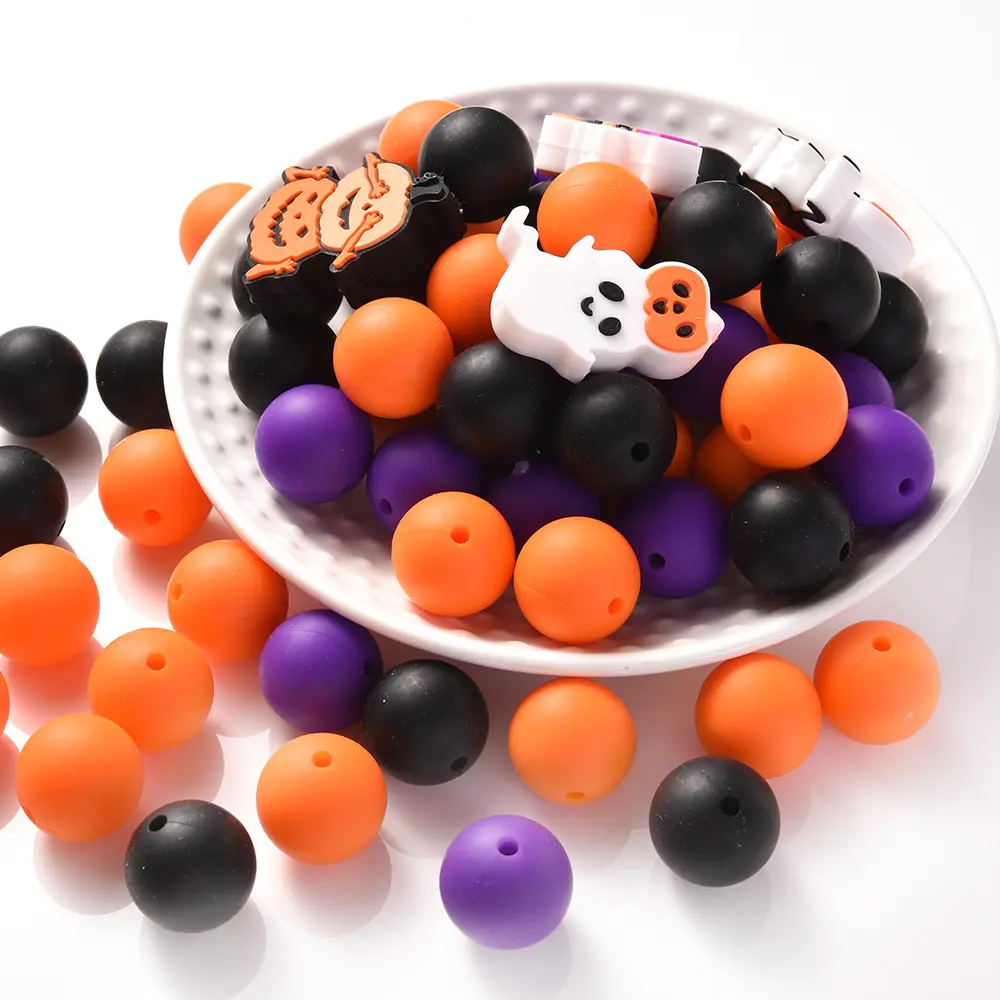 40Pcs Halloween Baby Silicone Beads Round Teether Teething Ball Beads Set Food Grade for Necklace Pacifier Chain Toys Material