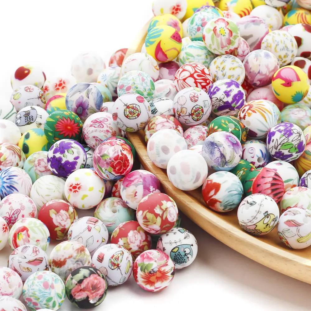 10Pcs 15mm New Silicone Beads Round Print Colorful Spacer Beads Food Grade  Baby Nursing Necklace Pacifier Chain Teether Toys
