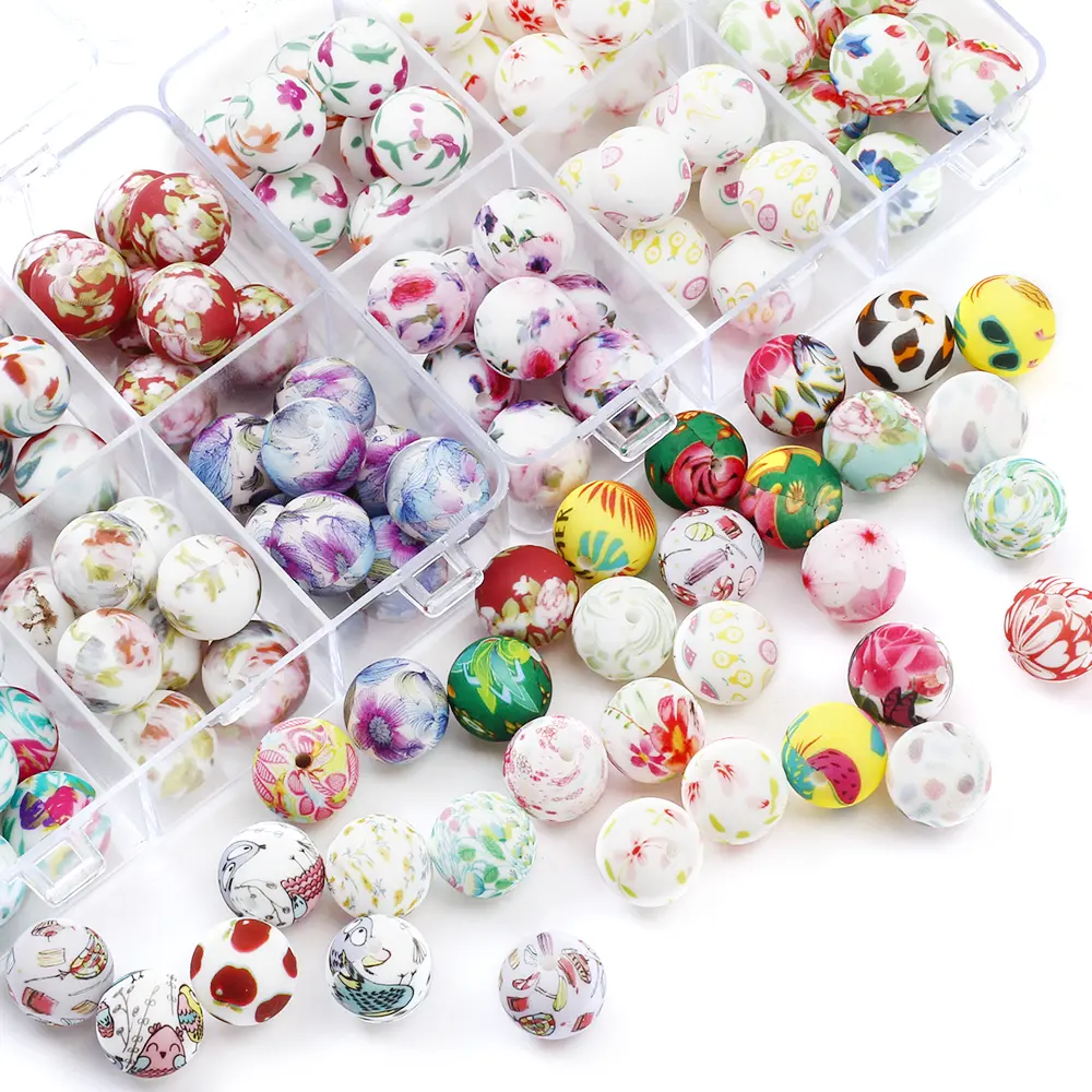 10Pcs 15mm New Silicone Beads Round Print Colorful Spacer Beads Food Grade  Baby Nursing Necklace Pacifier Chain Teether Toys