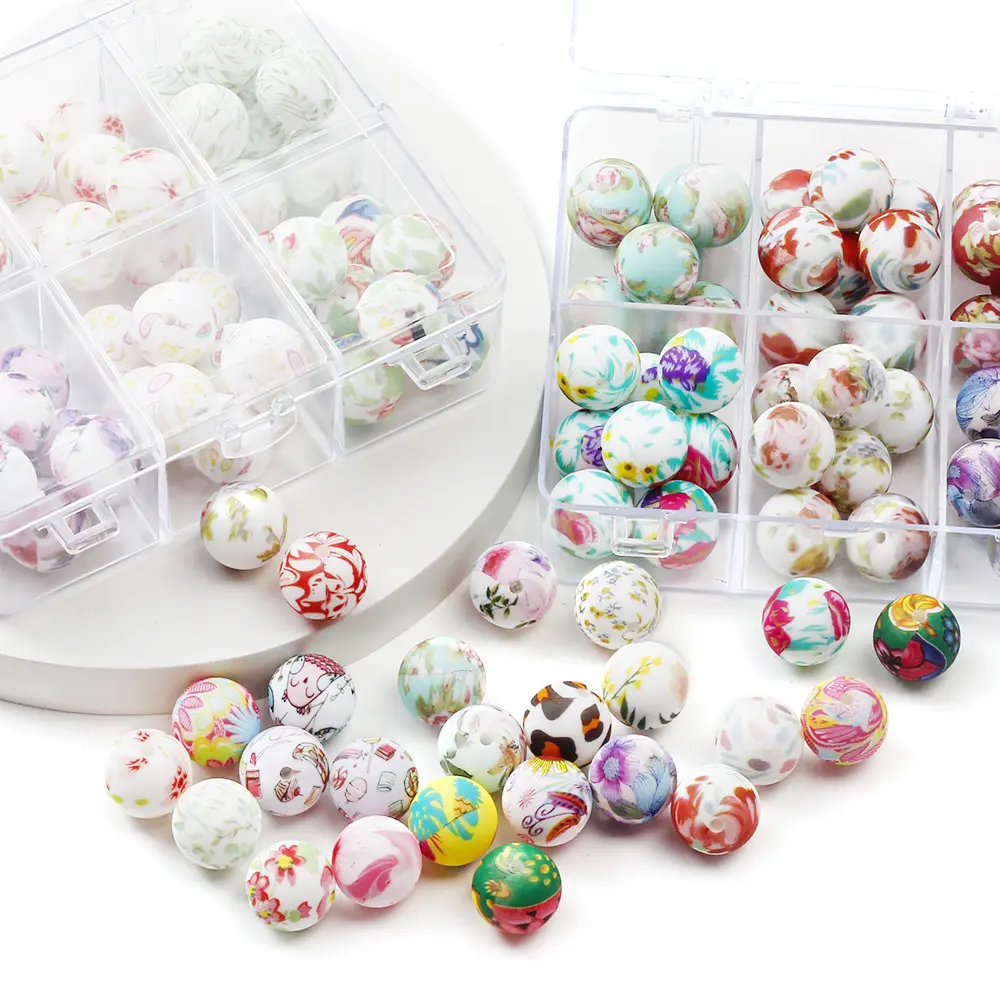 10Pcs 15mm New Silicone Beads Round Print Colorful Spacer Beads Food Grade  Baby Nursing Necklace Pacifier Chain Teether Toys