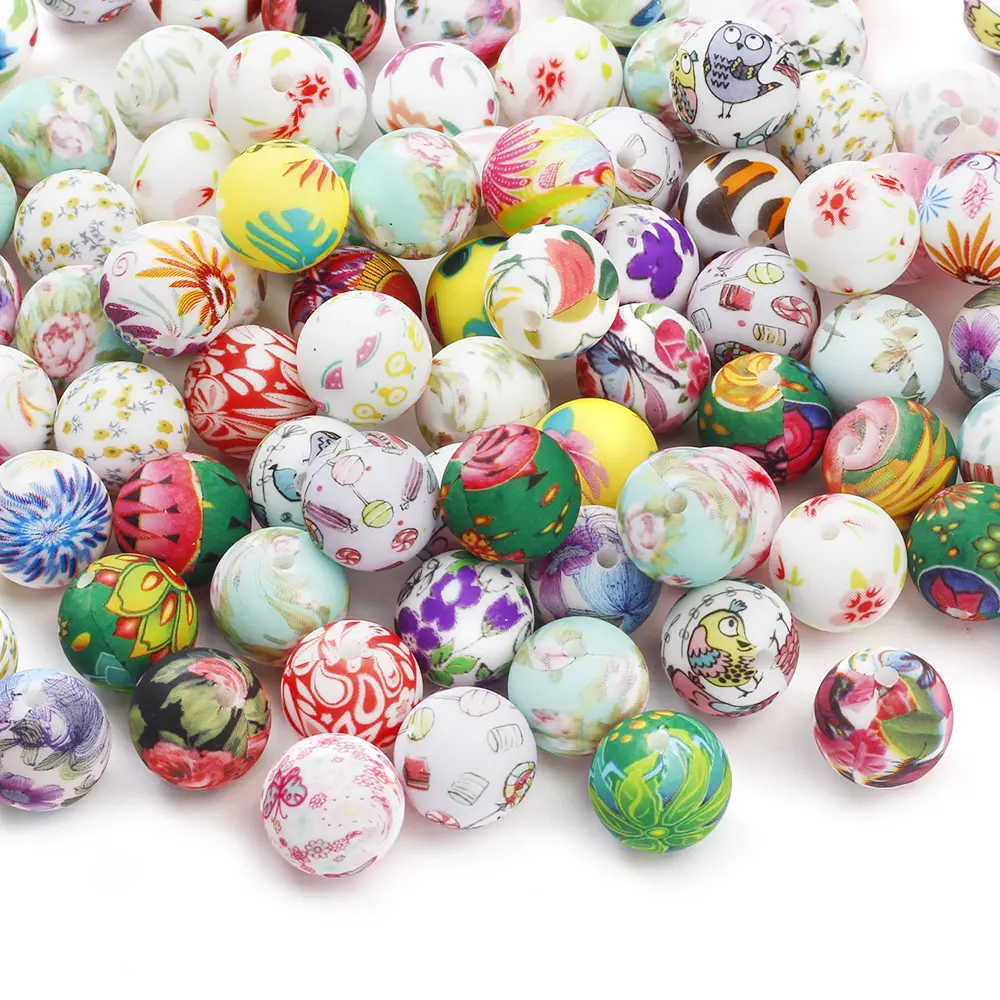 10Pcs 15mm New Silicone Beads Round Print Colorful Spacer Beads Food Grade  Baby Nursing Necklace Pacifier Chain Teether Toys