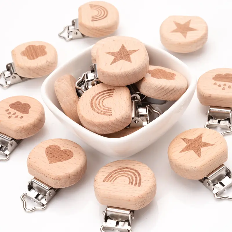 1Pcs Baby Pacifier Holder Infant Nipple Dummy Clip Beads Baby Pacifier Chain Metal Beech Wooden Clips for Teether Feeding Care
