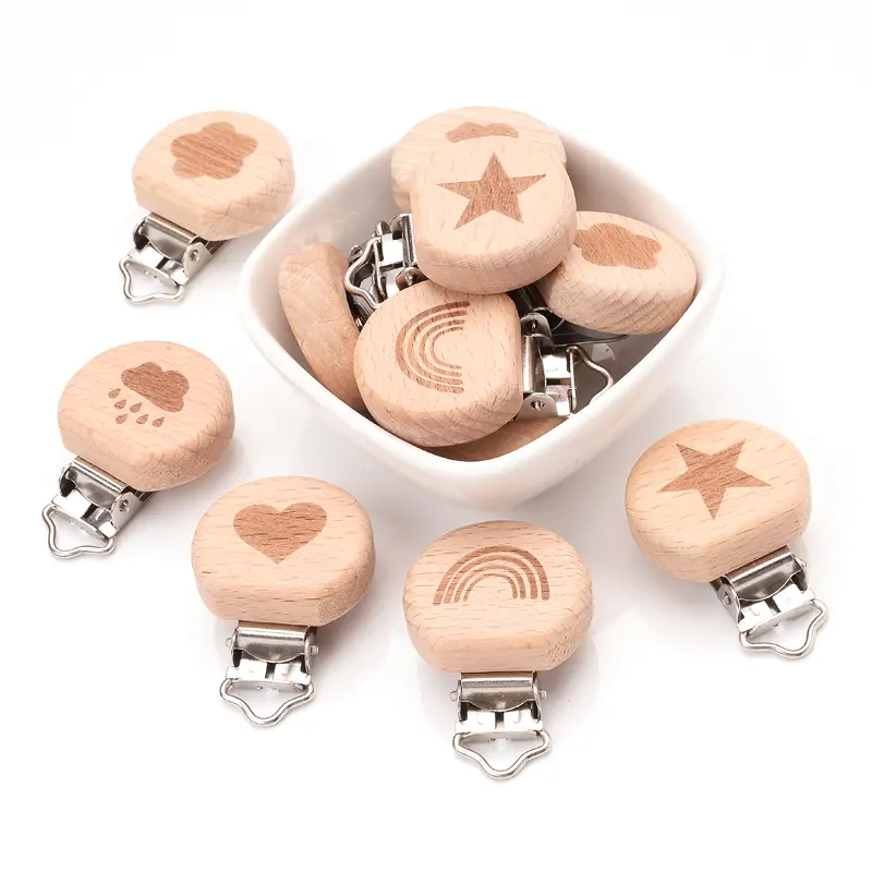 1Pcs Baby Pacifier Holder Infant Nipple Dummy Clip Beads Baby Pacifier Chain Metal Beech Wooden Clips for Teether Feeding Care