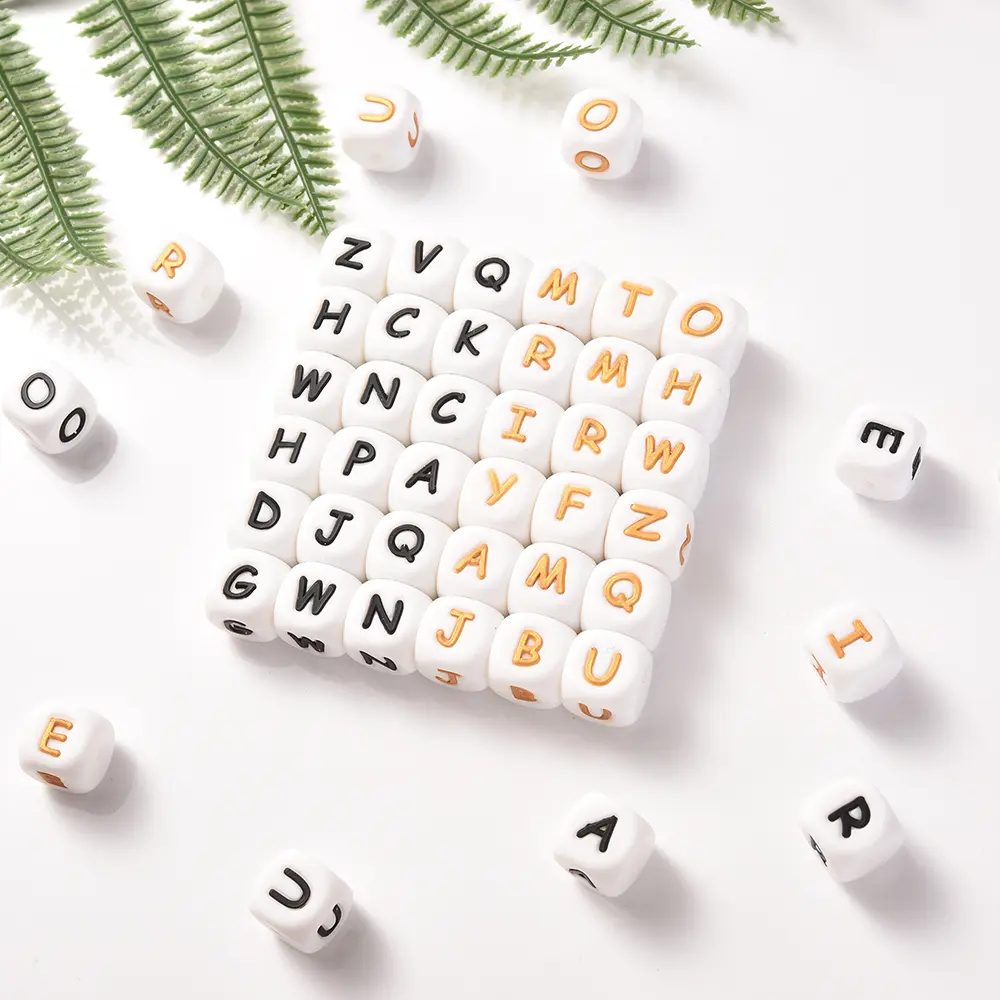 10Pcs 12mm Silicone Beads Letters Golden Black English Alphabet Letter Bead Bpa Free Material for Diy Chew Necklace Teether Toys