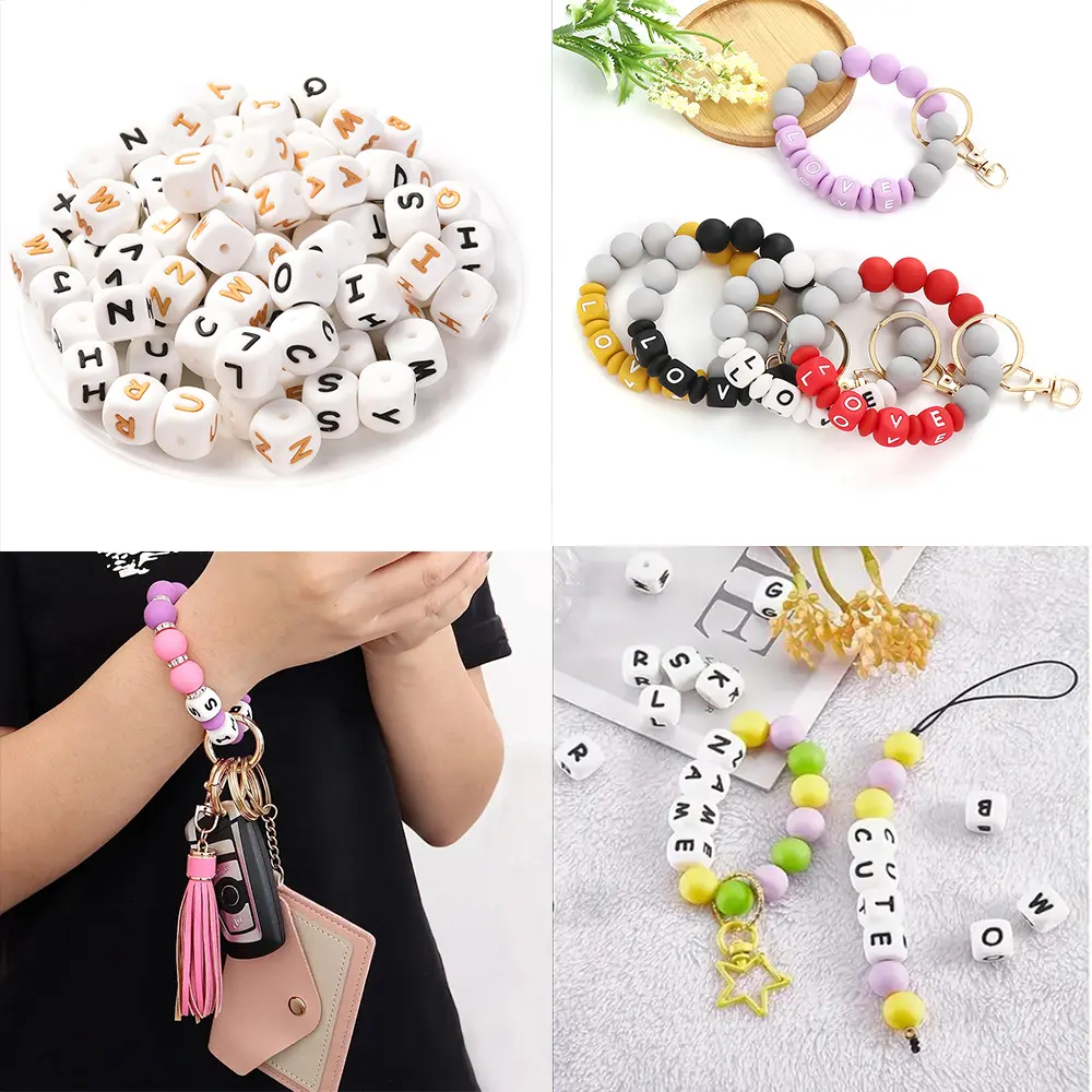 10Pcs 12mm Silicone Beads Letters Golden Black English Alphabet Letter Bead Bpa Free Material for Diy Chew Necklace Teether Toys