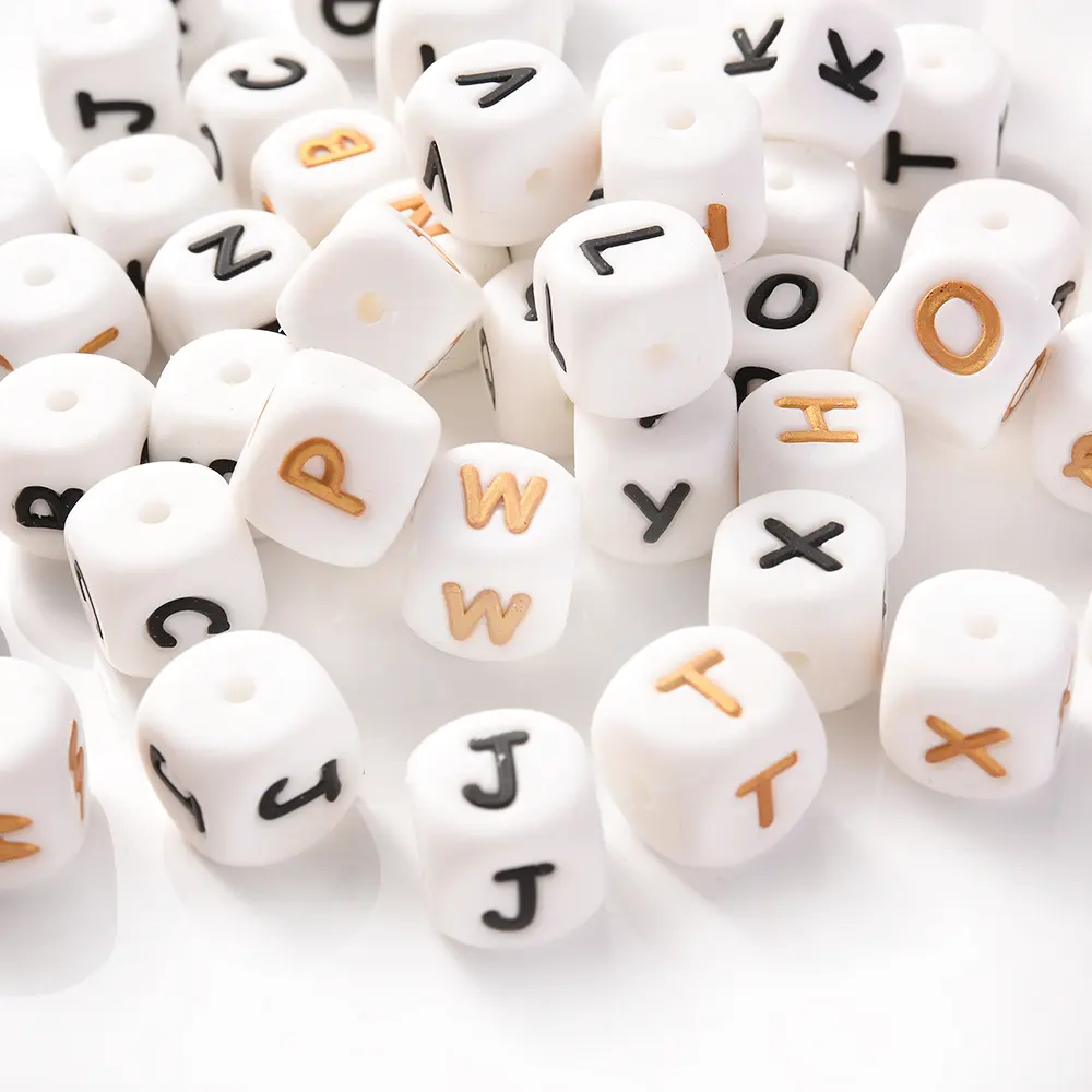 10Pcs 12mm Silicone Beads Letters Golden Black English Alphabet Letter Bead Bpa Free Material for Diy Chew Necklace Teether Toys