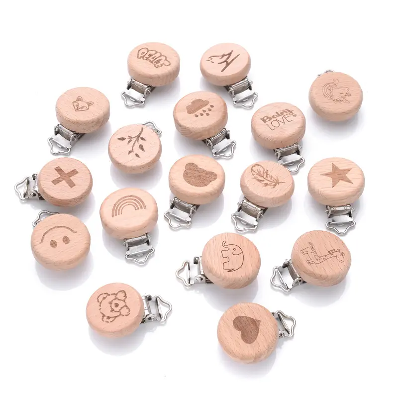 1Pcs 21 Style Baby Beech Pacifier Clips Heart Animal Rainbow Pattern Wooden Metal Clips for Nipple Holder Dummy Clip Soother