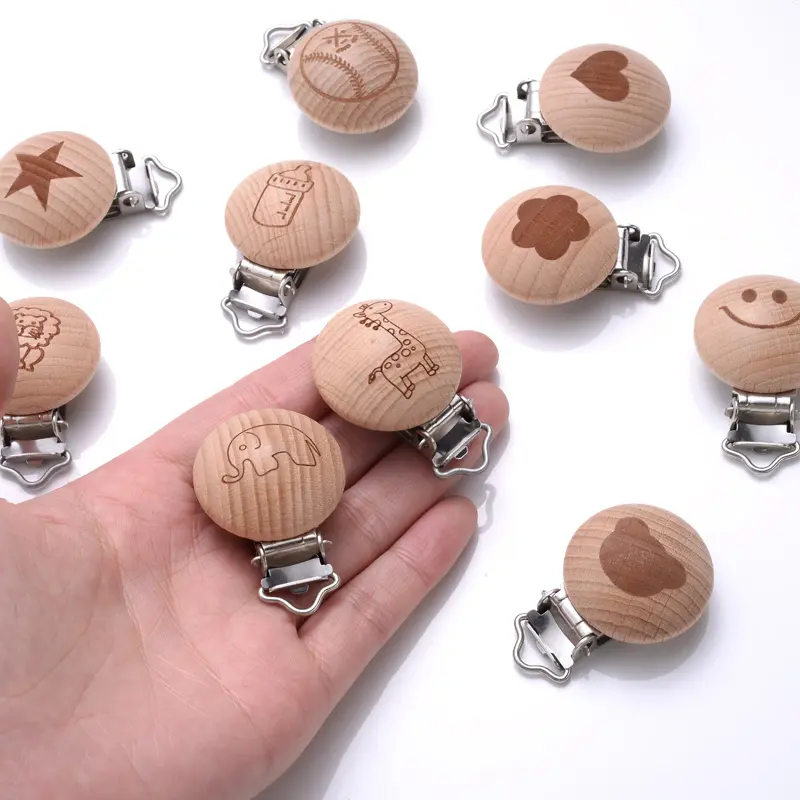 10Pcs Round Printing Beech Wood Teething Clip Chew Soother Pacifier Clip Chain For Nipple Chain Clip Nursing Product Wholesale