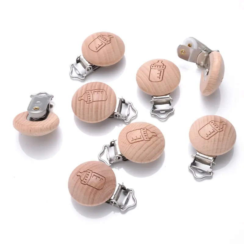 10Pcs Round Printing Beech Wood Teething Clip Chew Soother Pacifier Clip Chain For Nipple Chain Clip Nursing Product Wholesale