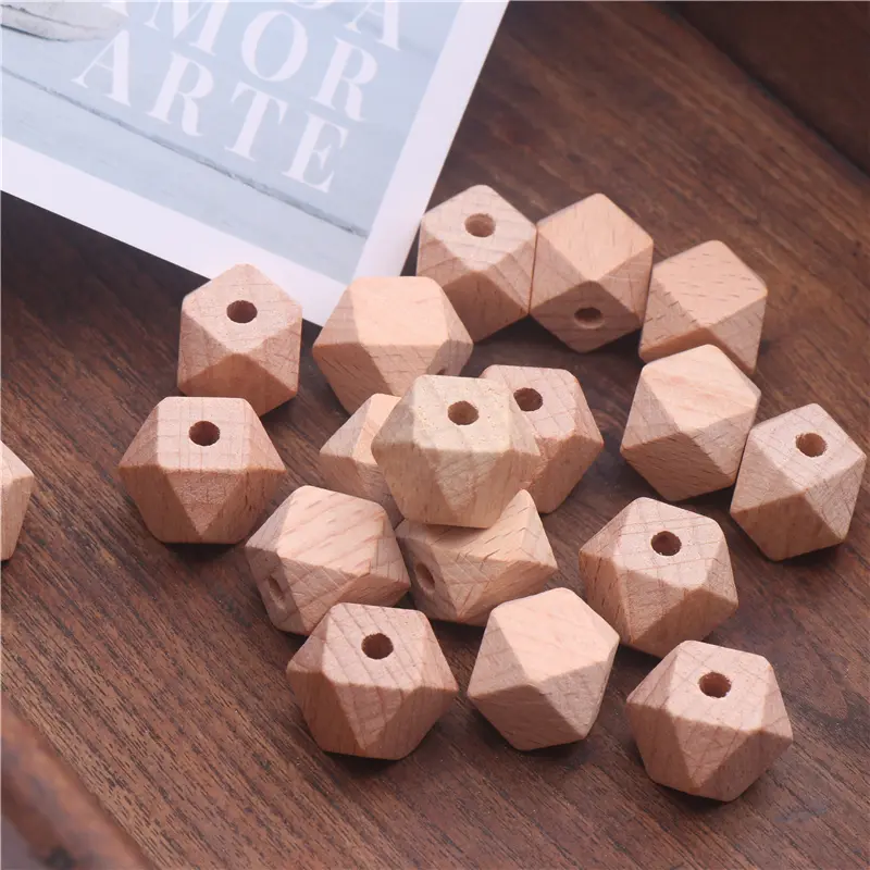 10-20mm Geometric Beech Wood Beads Faceted Hexagon Teether Chewable Spacer Wooden Beads for Baby Pacifier Chain Toys Accessories