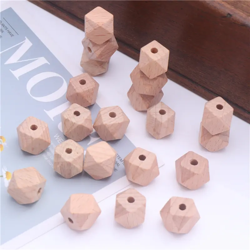 10-20mm Geometric Beech Wood Beads Faceted Hexagon Teether Chewable Spacer Wooden Beads for Baby Pacifier Chain Toys Accessories