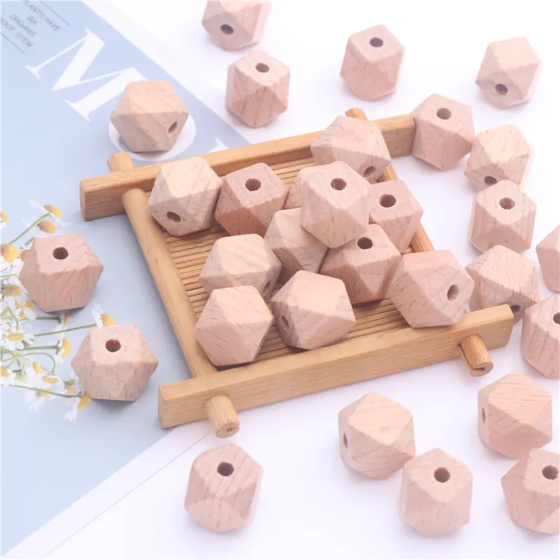 10-20mm Geometric Beech Wood Beads Faceted Hexagon Teether Chewable Spacer Wooden Beads for Baby Pacifier Chain Toys Accessories