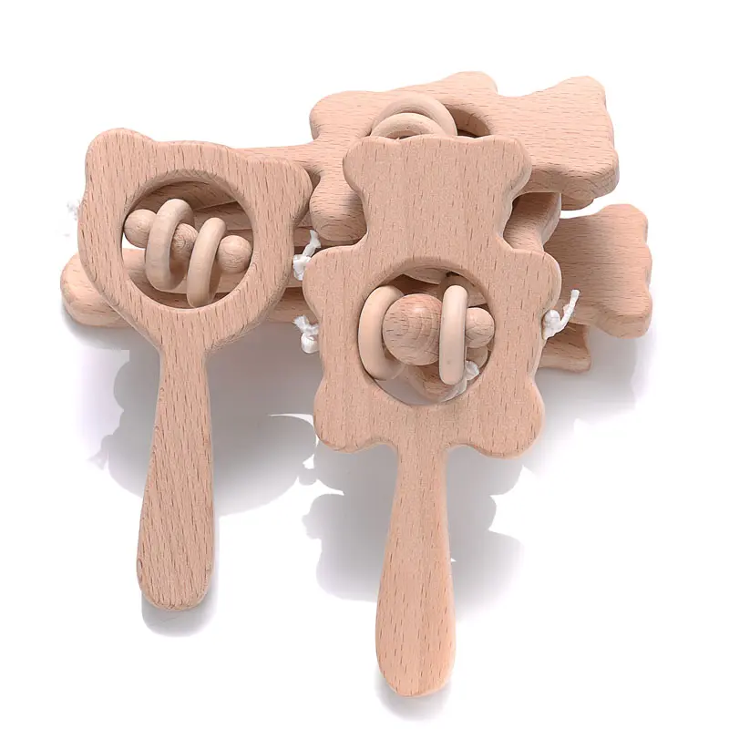 1Pcs Animal Shape Baby Wood Teether Rabbit Owl Beech Wooden Ring Teether Nursing Pendant Baby Rattles Chew Toys