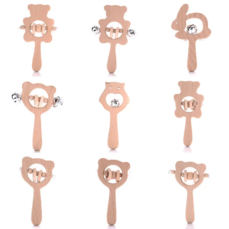 1Pcs Animal Shape Baby Wood Teether Rabbit Owl Beech Wooden Ring Teether Nursing Pendant Baby Rattles Chew Toys