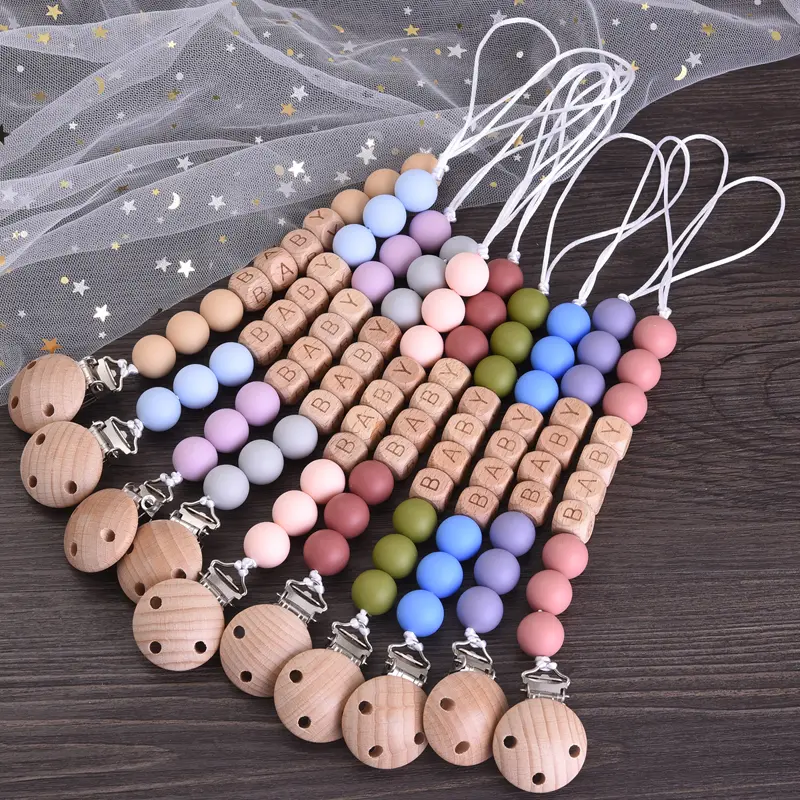 Personalized Name Wood Baby Pacifier Clip Silicone Round Beads Nipple Chain Teether Infant Dummy Holder Chain Baby Nursing Toy
