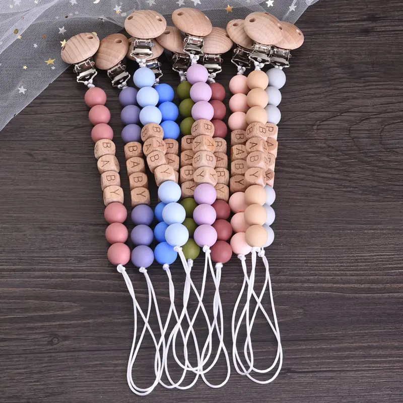 Personalized Name Wood Baby Pacifier Clip Silicone Round Beads Nipple Chain Teether Infant Dummy Holder Chain Baby Nursing Toy