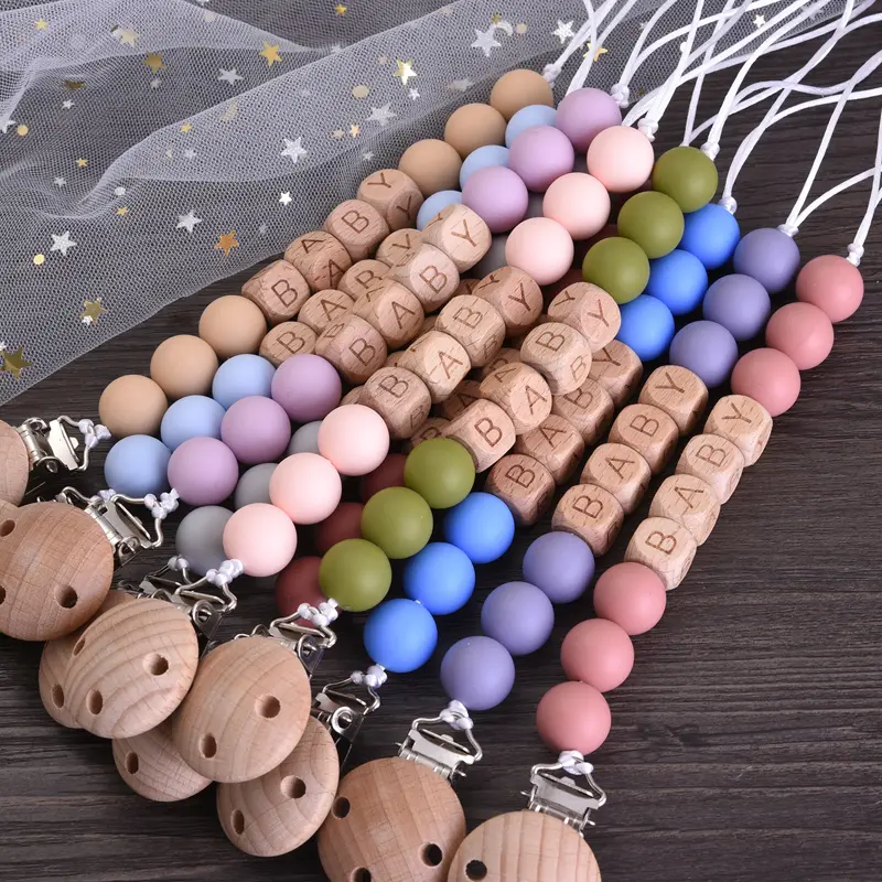 Personalized Name Wood Baby Pacifier Clip Silicone Round Beads Nipple Chain Teether Infant Dummy Holder Chain Baby Nursing Toy