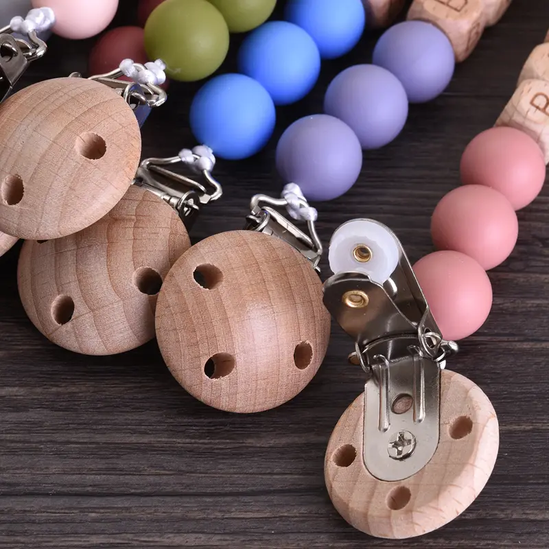 Personalized Name Wood Baby Pacifier Clip Silicone Round Beads Nipple Chain Teether Infant Dummy Holder Chain Baby Nursing Toy