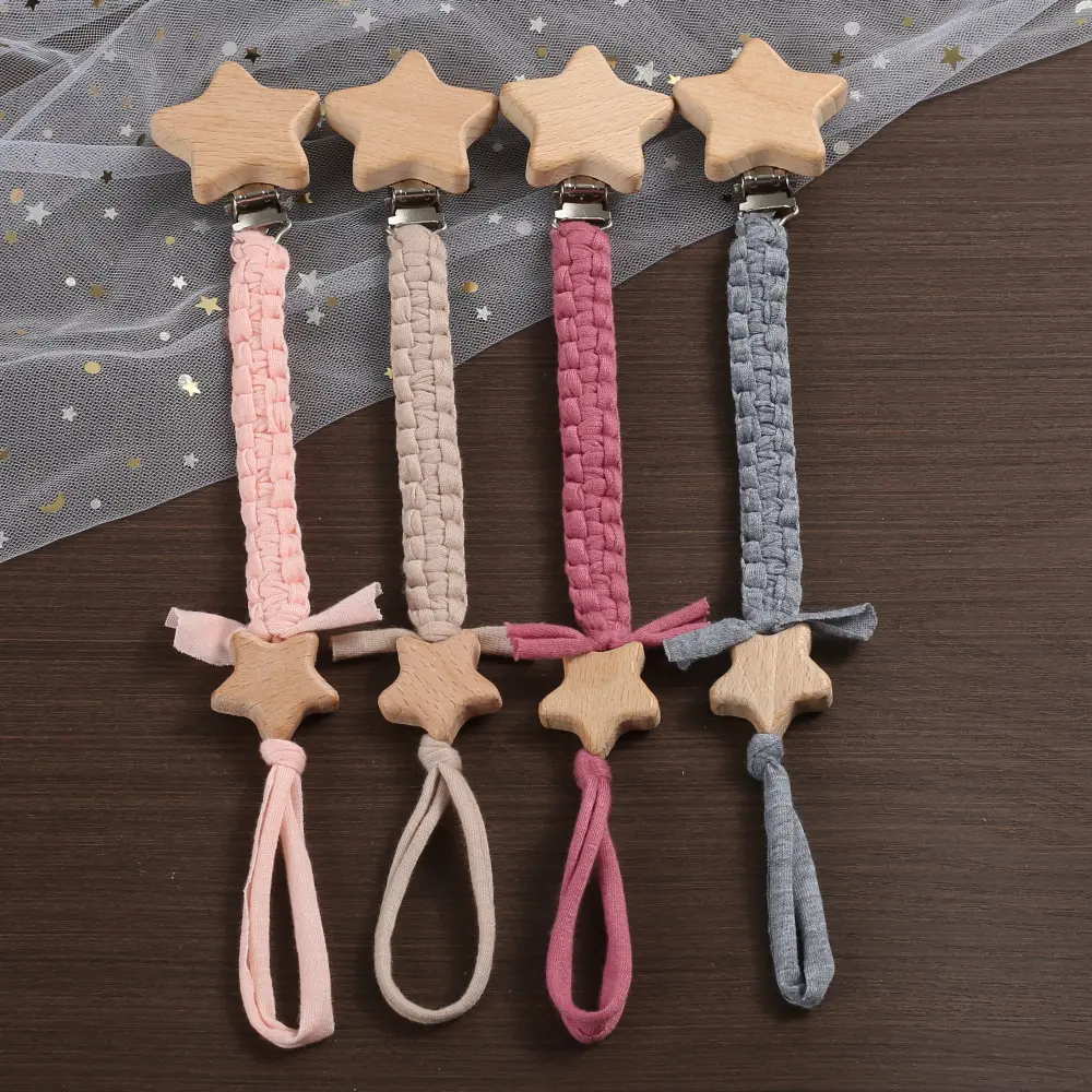 Baby Beech Wood Pentagram Pacifier Clip Handmade Woven Cotton Soother Nipple Chain For Baby Nursing Teether Chewing Toys Gift