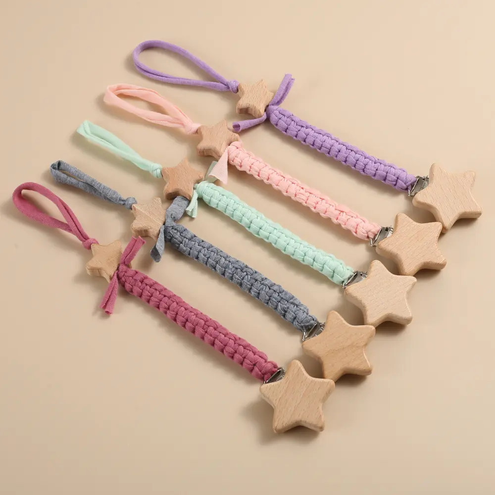 Baby Beech Wood Pentagram Pacifier Clip Handmade Woven Cotton Soother Nipple Chain For Baby Nursing Teether Chewing Toys Gift