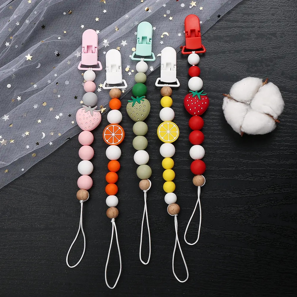 Fruit Silicone Beads Baby Pacifier Chain Dummy Clip Pacifier Holder Clips Nipple Holder Clips Soother Holder Baby Teether Toys