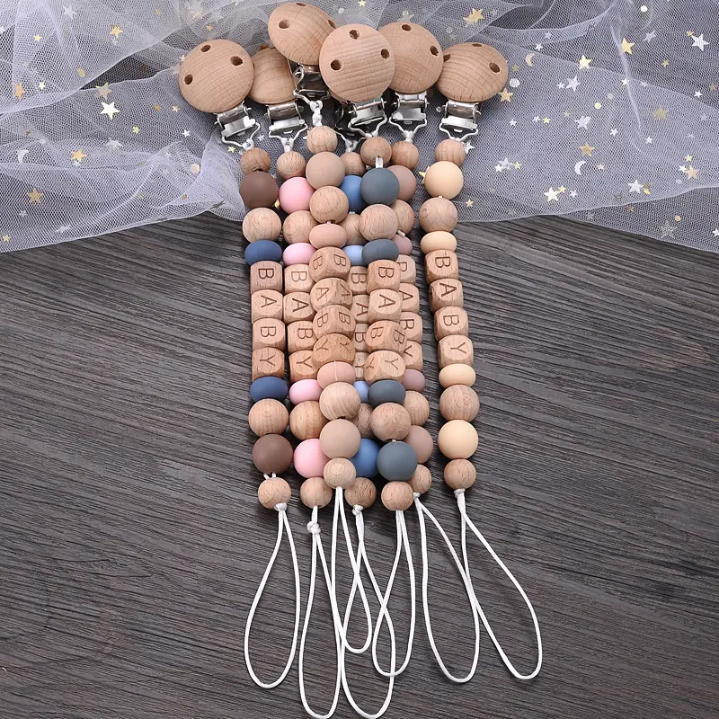 Baby Pacifier Clips Silicone Wooden Beech Beads Anti-Lost Pacifier Chain for Dummy Nipple Holder BPA Free not Personalized