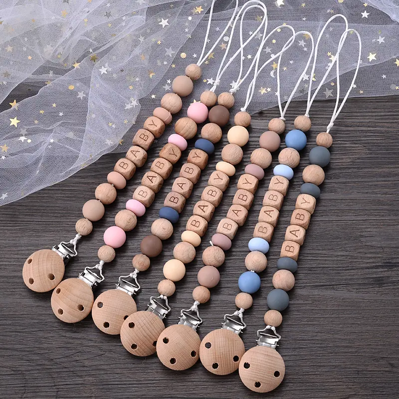 Baby Pacifier Clips Silicone Wooden Beech Beads Anti-Lost Pacifier Chain for Dummy Nipple Holder BPA Free not Personalized