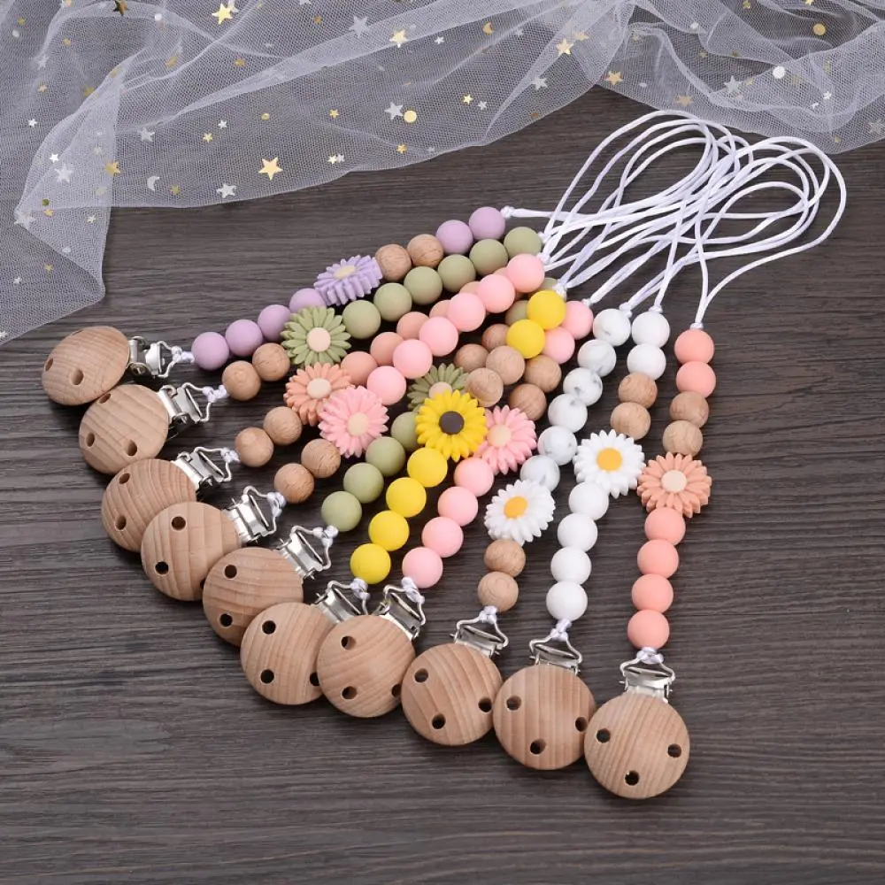 Silicone Beaded Soother Chain For Teether Nursing Toys Baby Pacifier Accessory Baby Wooden Dummy Holder Clip Handmade Flowers