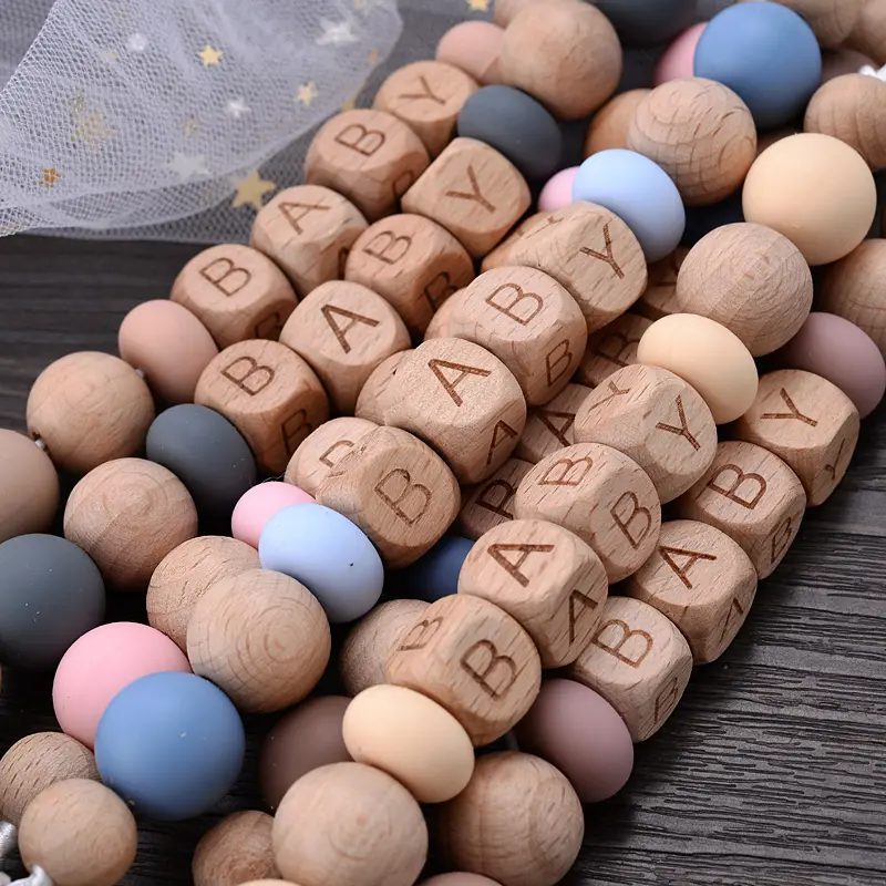 Baby Pacifier Clips Silicone Wooden Beech Beads Anti-Lost Pacifier Chain for Dummy Nipple Holder BPA Free not Personalized